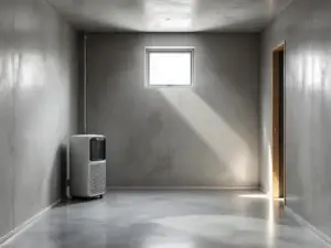 Minimalistisk källarinteriör med polerat betonggolv, ljusa väggar, stilren avfuktare, ventilation och naturligt ljus från högt fönster.