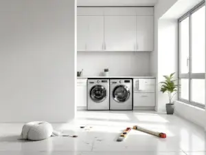Minimalistisk tvättstuga med neutrala toner, verktyg för renovering och modern inredning med naturligt ljus från ett stort fönster.