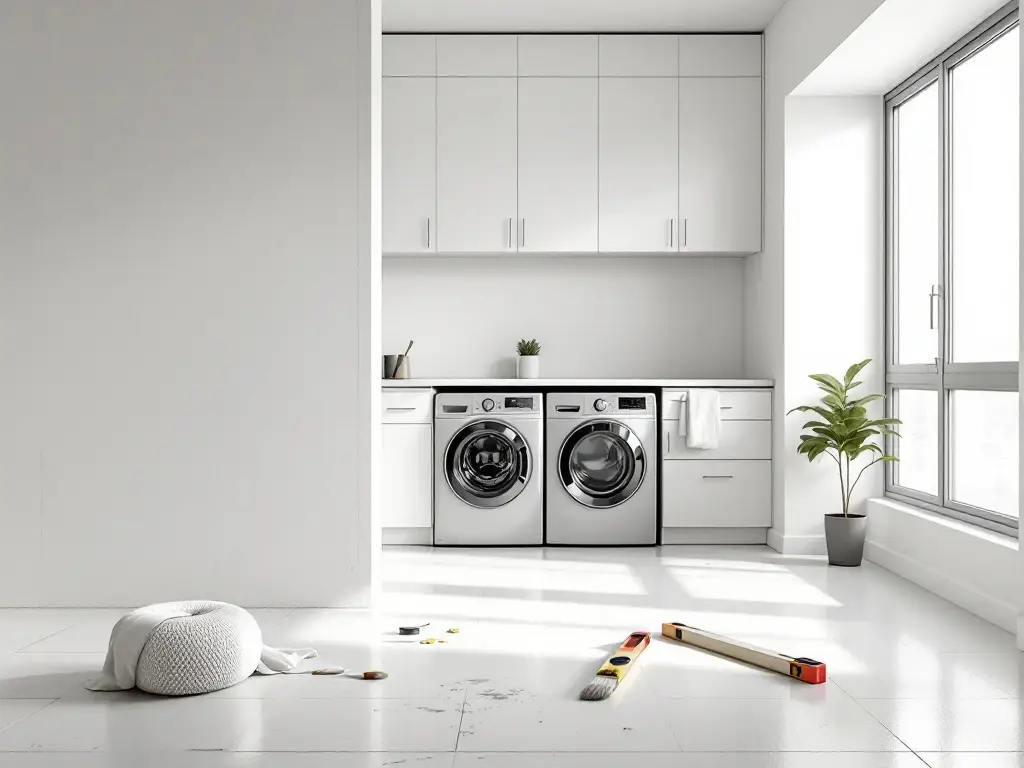 Minimalistisk tvättstuga med neutrala toner, verktyg för renovering och modern inredning med naturligt ljus från ett stort fönster.