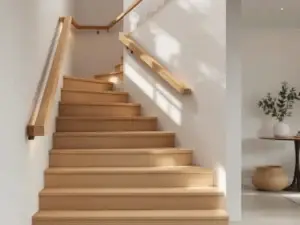 Modern trappa med trästeg och enkel räcke i ett ljust, minimalistiskt rum med skandinaviska designelement och varm färgpalett.