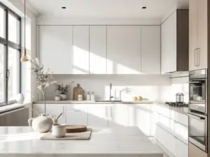 Ett modernt, minimalistiskt kök med skandinavisk design: vita skåp, trädetaljer, stora fönster och en stilren bänkskiva med växt.
